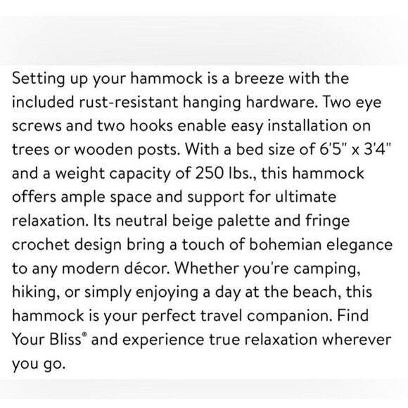 Bliss Hammocks Fringed Hammock in a Bag Cream NEW - Picture 9 of 9